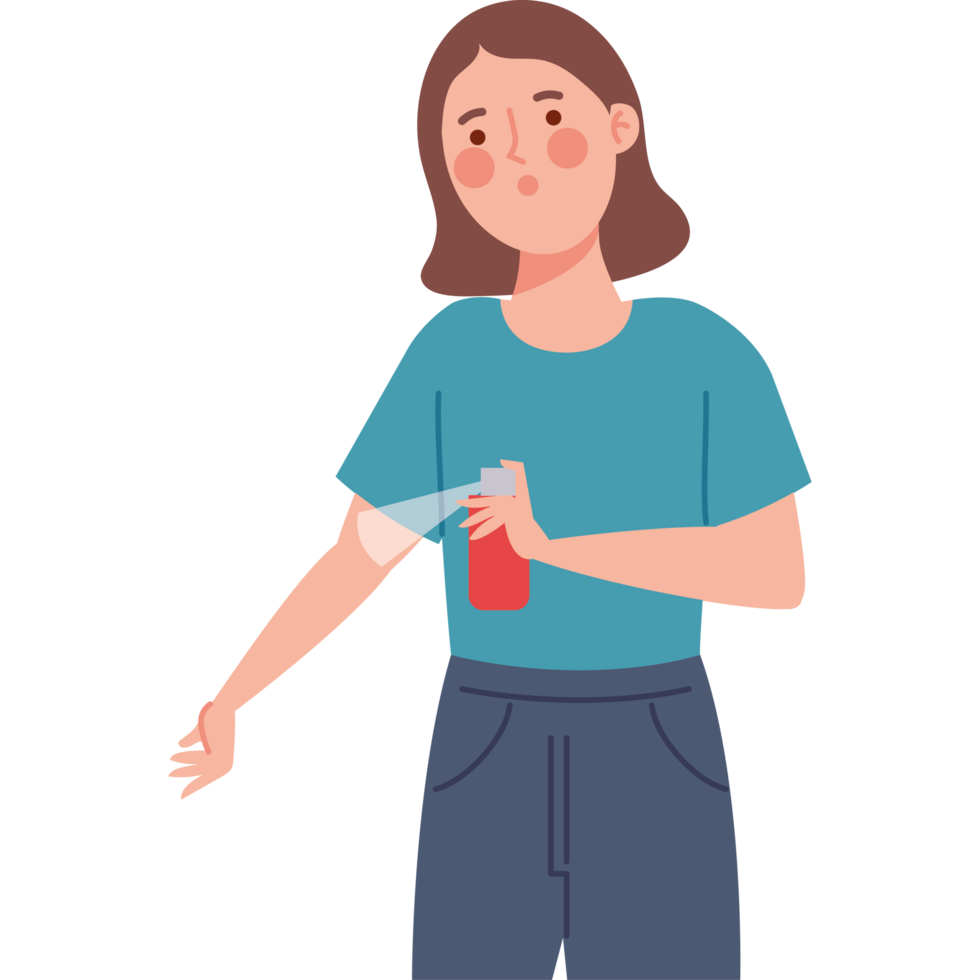 woman sprays mosquito repellent isolated design png