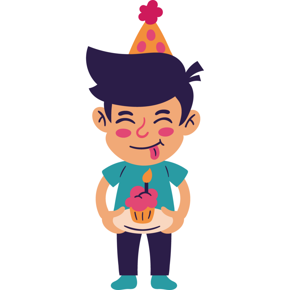 boy with party hat holding a birthday cupcake png
