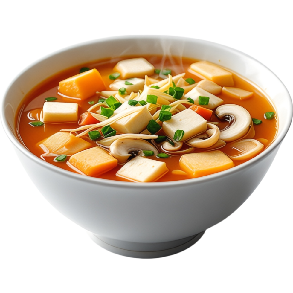 White Bowl of Miso Soup with Tofu and Carrots png