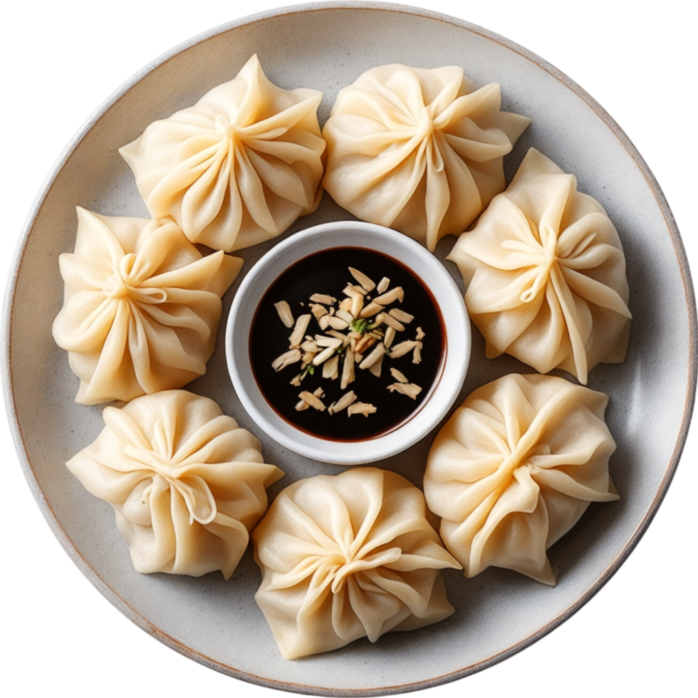 Plate of Yummy Steamed Baozi with Dipping Sauce 54979328 PNG