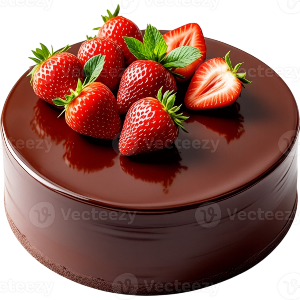 Glossy Chocolate Ganache Cake Topped with Fresh Strawberries png