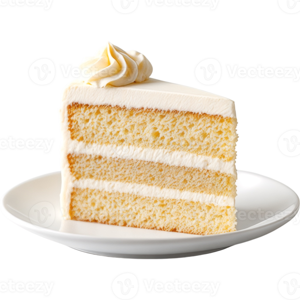 Slice of Classic Vanilla Bean Layer Cake on White Plate png