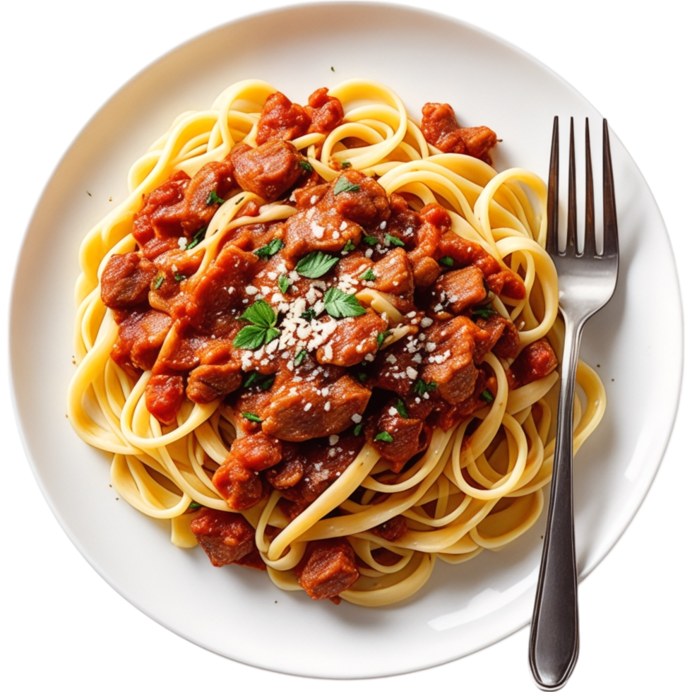 spaghetti with meat sauce on a plate with a fork png