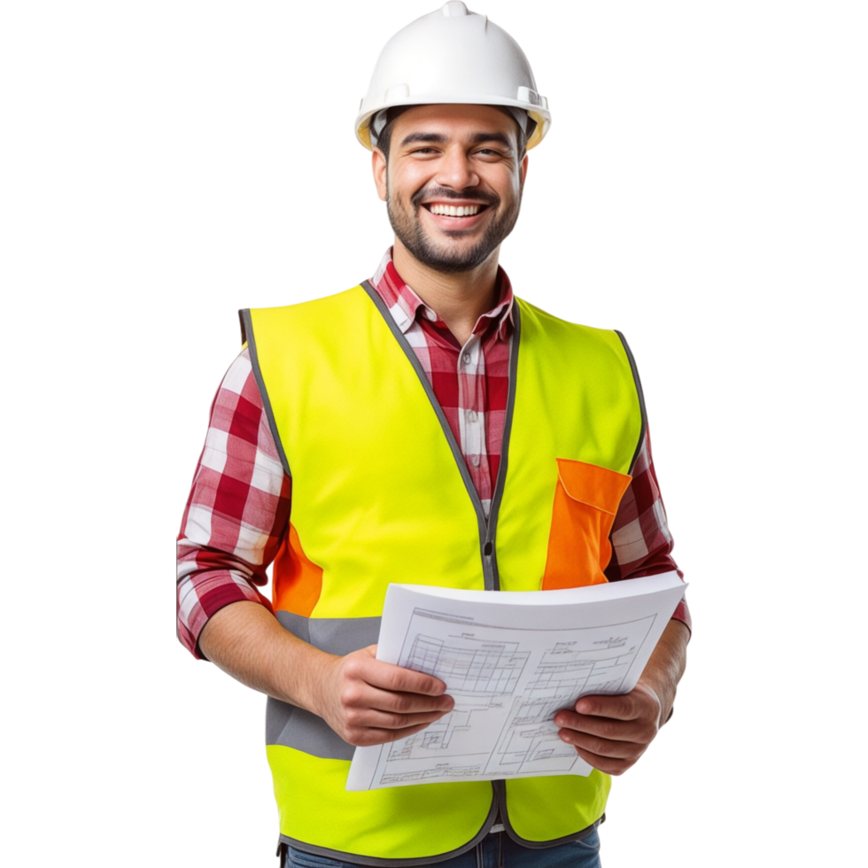 Construction Worker in Yellow Vest Holding Plans png