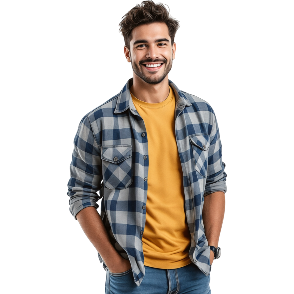 Man in Plaid Shirt with Hands in Pockets png