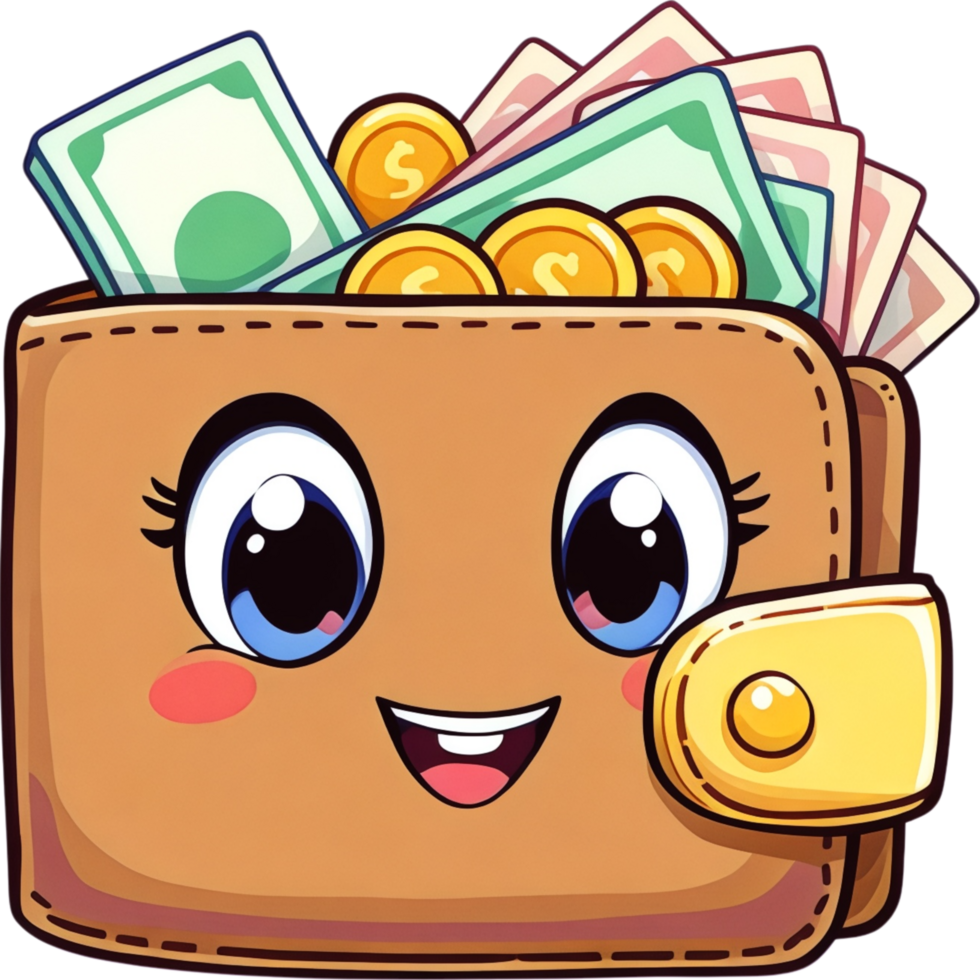 Cute Cartoon Wallet with Smiling Face and Coins png