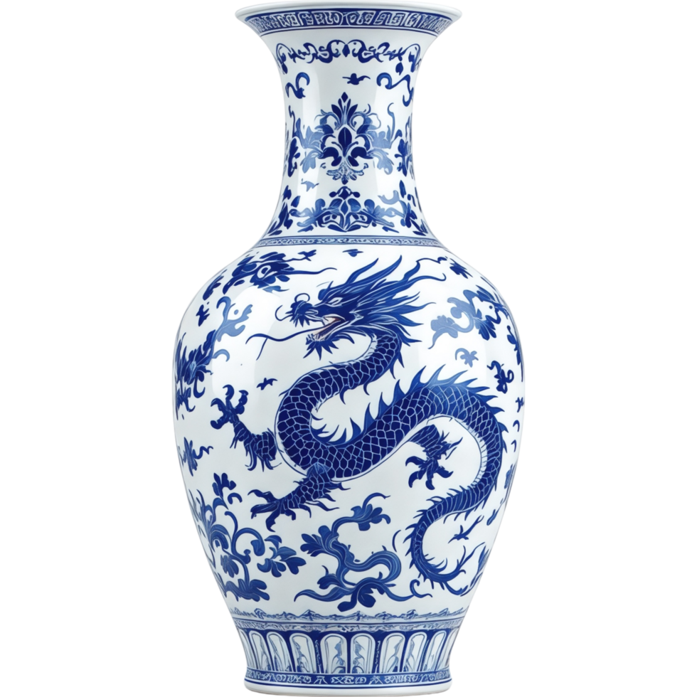 Elegant Blue and White Porcelain Vase with Dragon Motif png