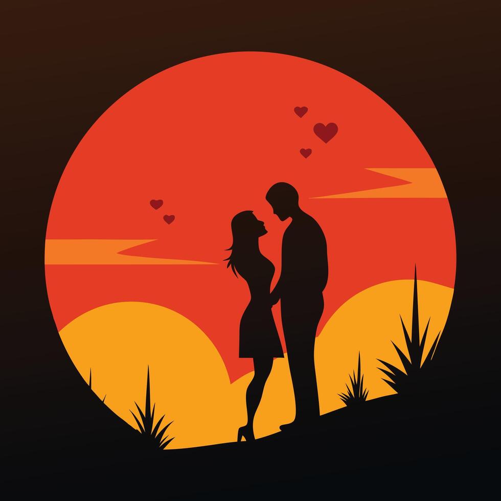 a couple standing in front of a sunset with hearts vector