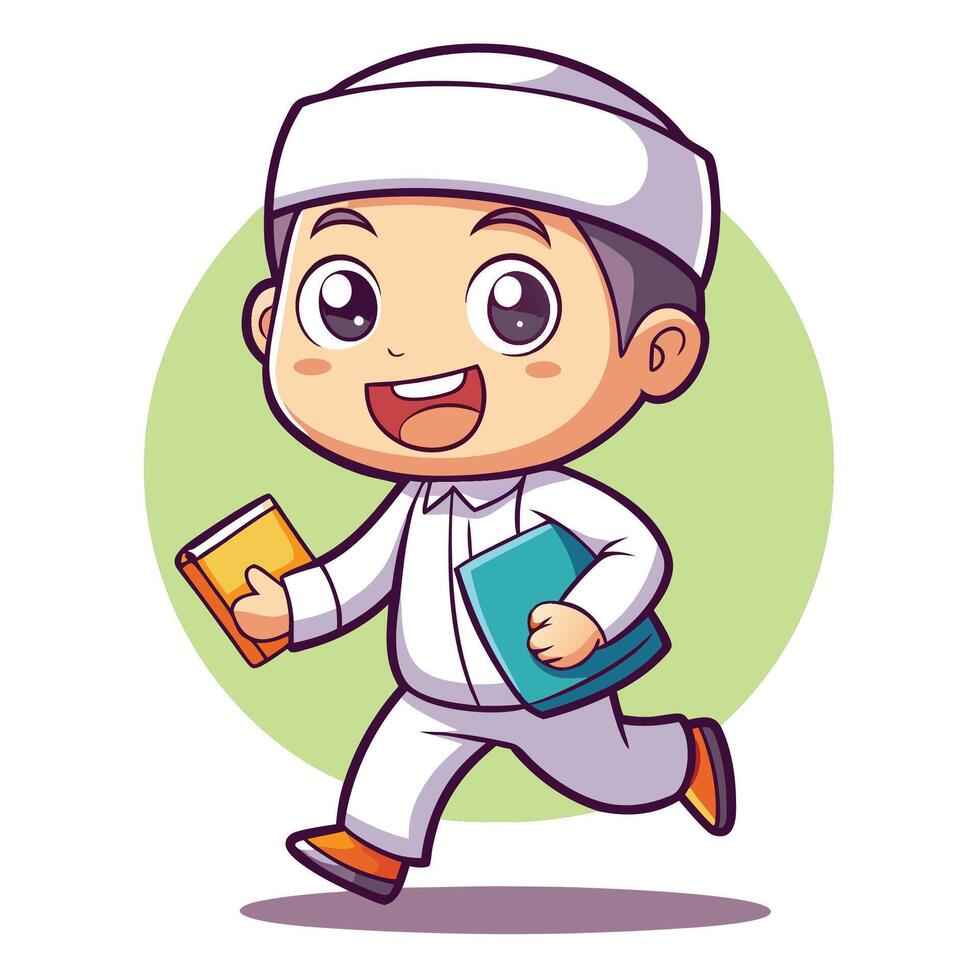 muslim boy running with books illustration vector