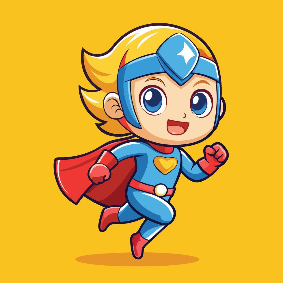 cartoon girl superhero running with blue cape and red hat vector