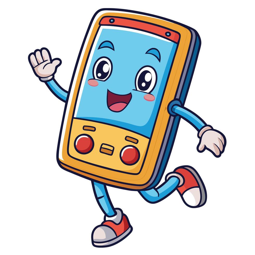 a cartoon character of a cell phone running vector