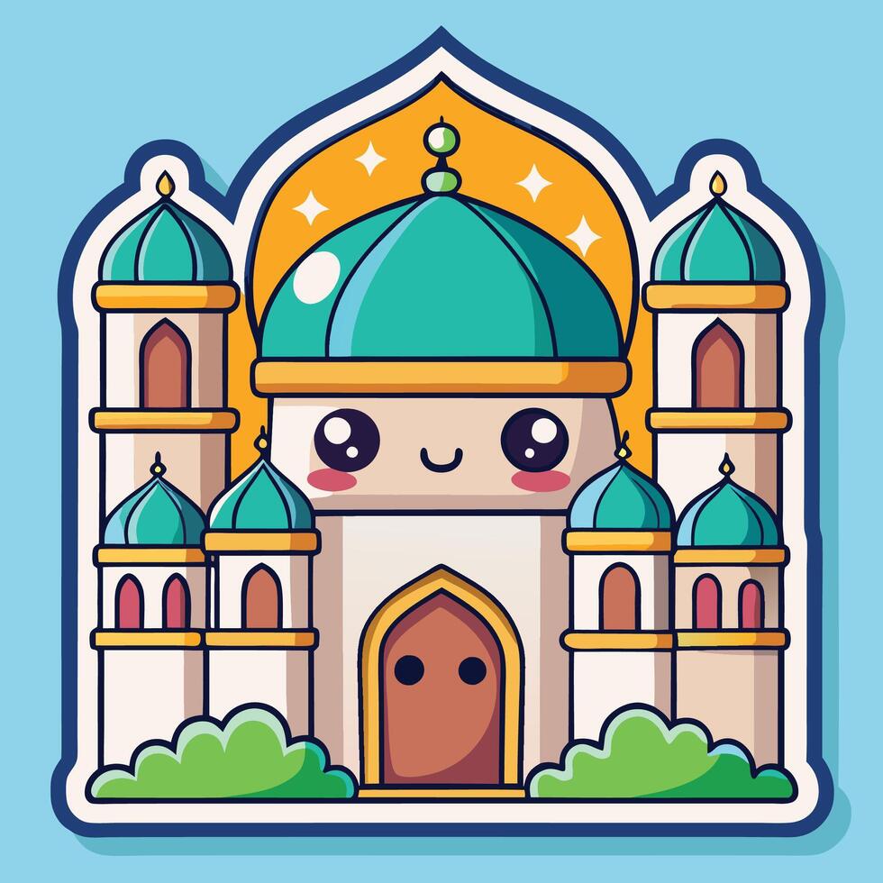 cartoon mosque with a blue dome and green roof on a white background on a white background vector