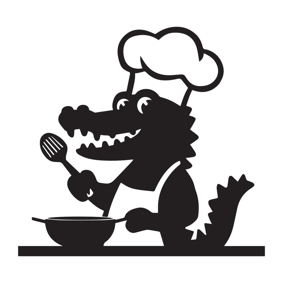 a cartoon alligator chef with a spatula and a frying pan vector