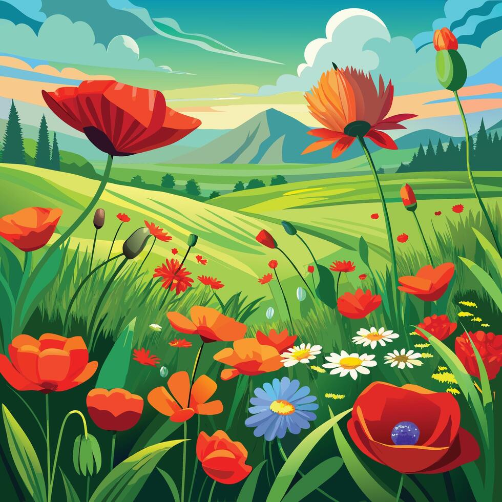 illustration of a field with red poppies and daisies vector