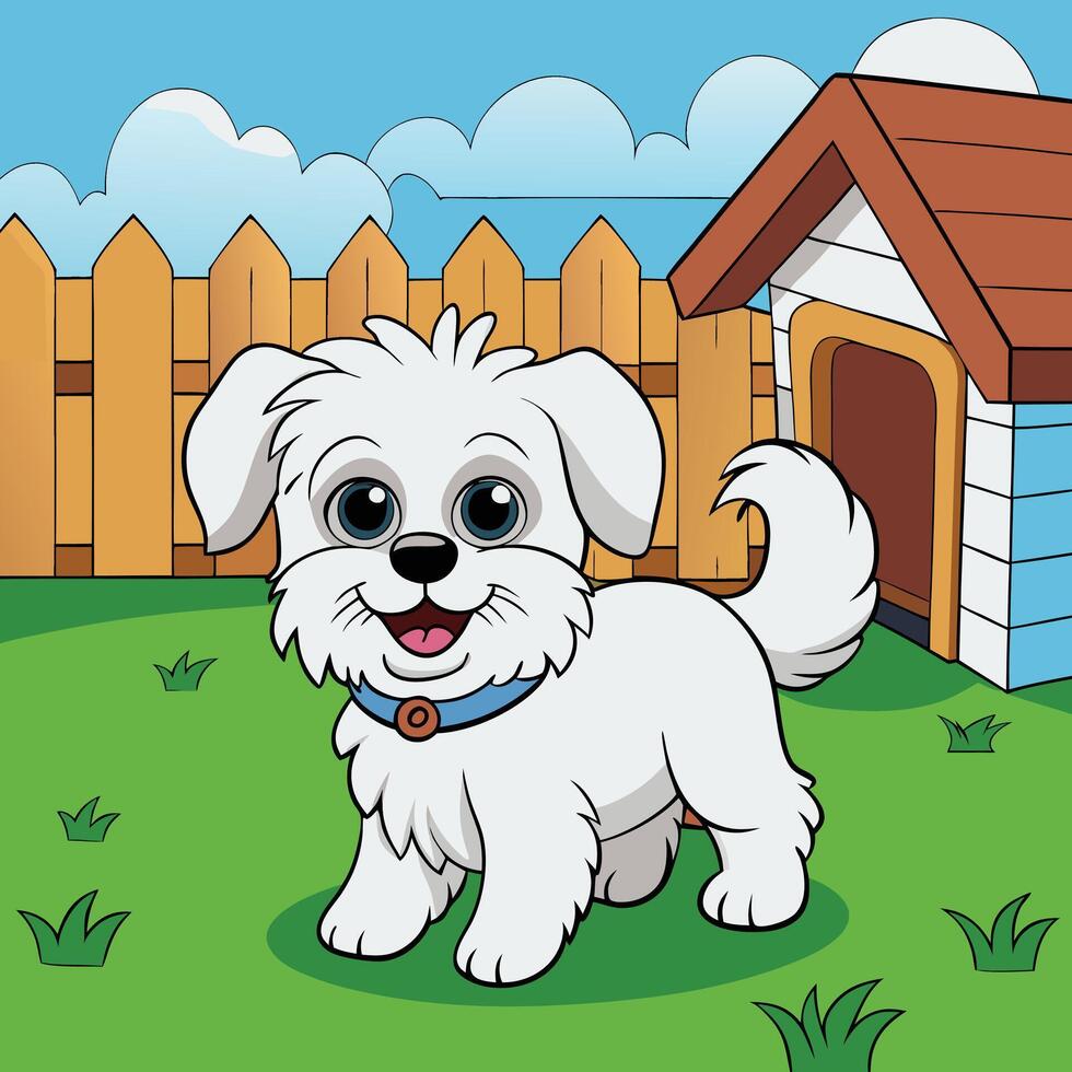 a cartoon dog standing in front of a doghouse vector
