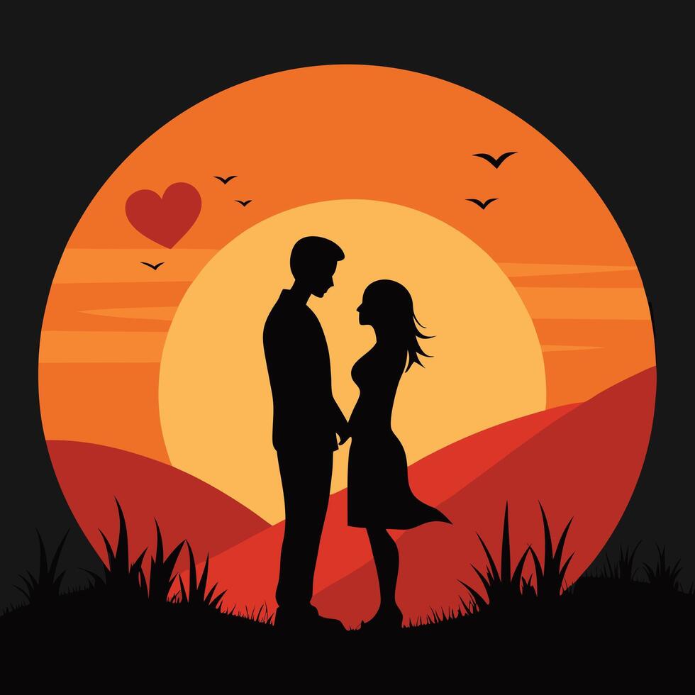silhouette of a couple standing in front of a sunset. vector
