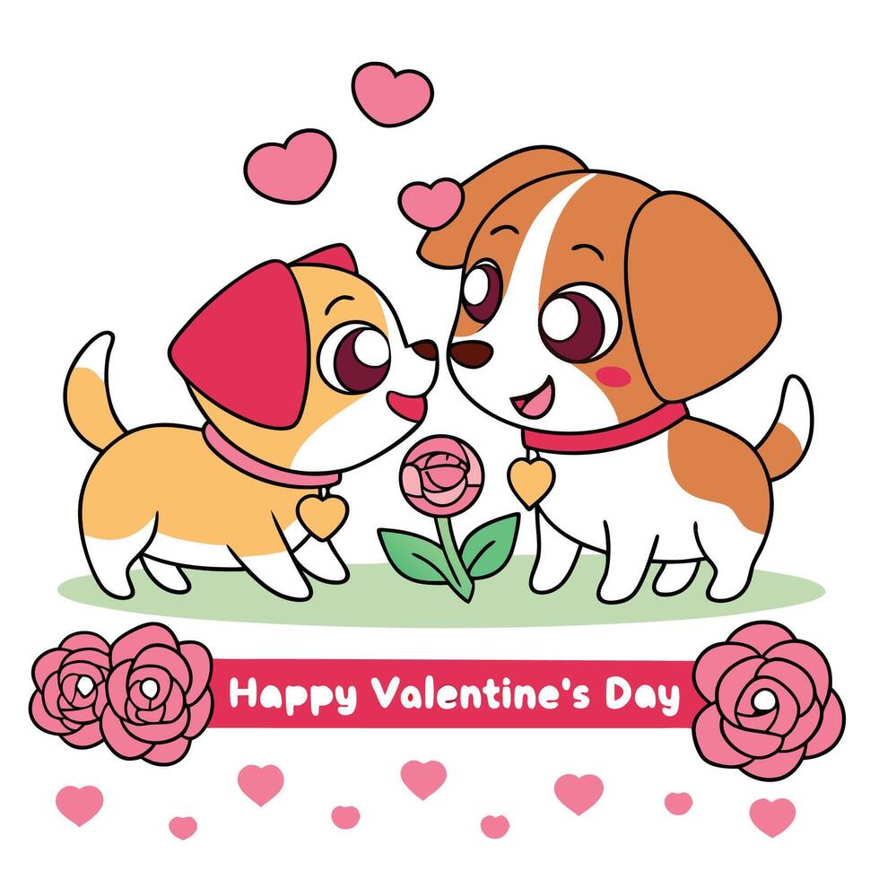 two cute dogs are kissing on valentine's day vector