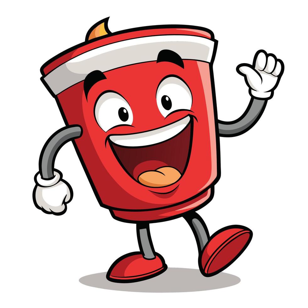 red cup cartoon mascot waving and smiling on a white background vector