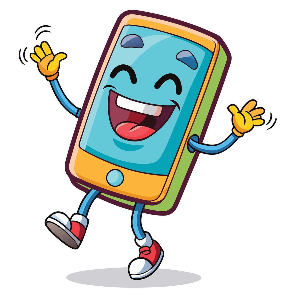 cartoon mobile phone character dancing and waving on a white background vector