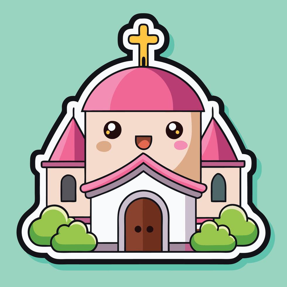 a cartoon church with a pink roof and a cross on top on a white background vector