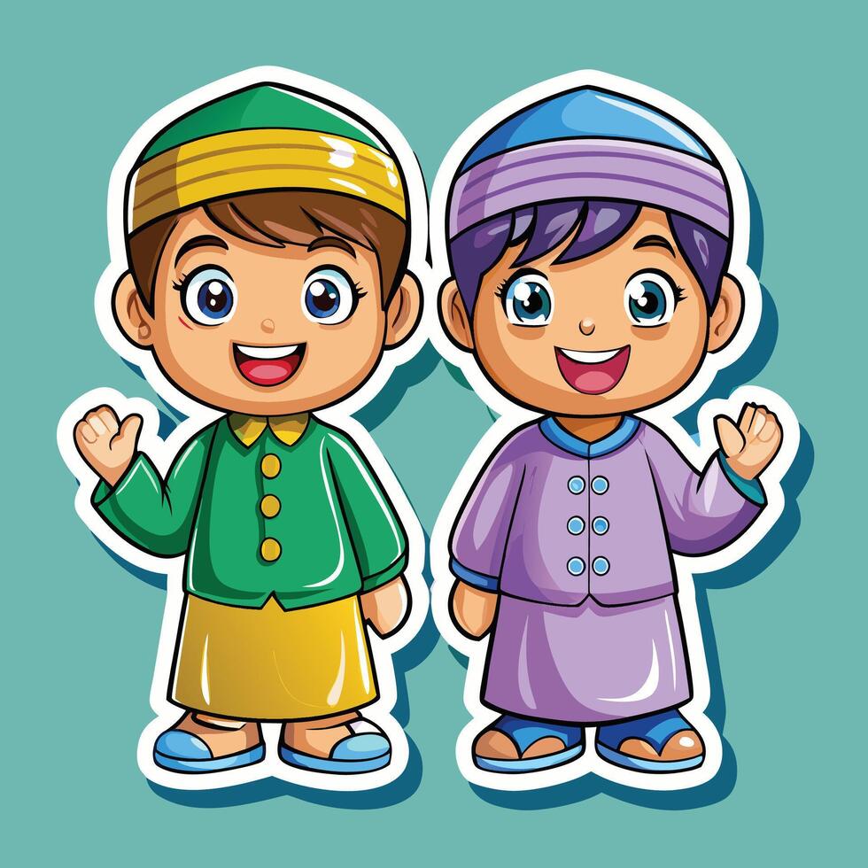 two cartoon muslim boys in traditional clothing on a white background vector