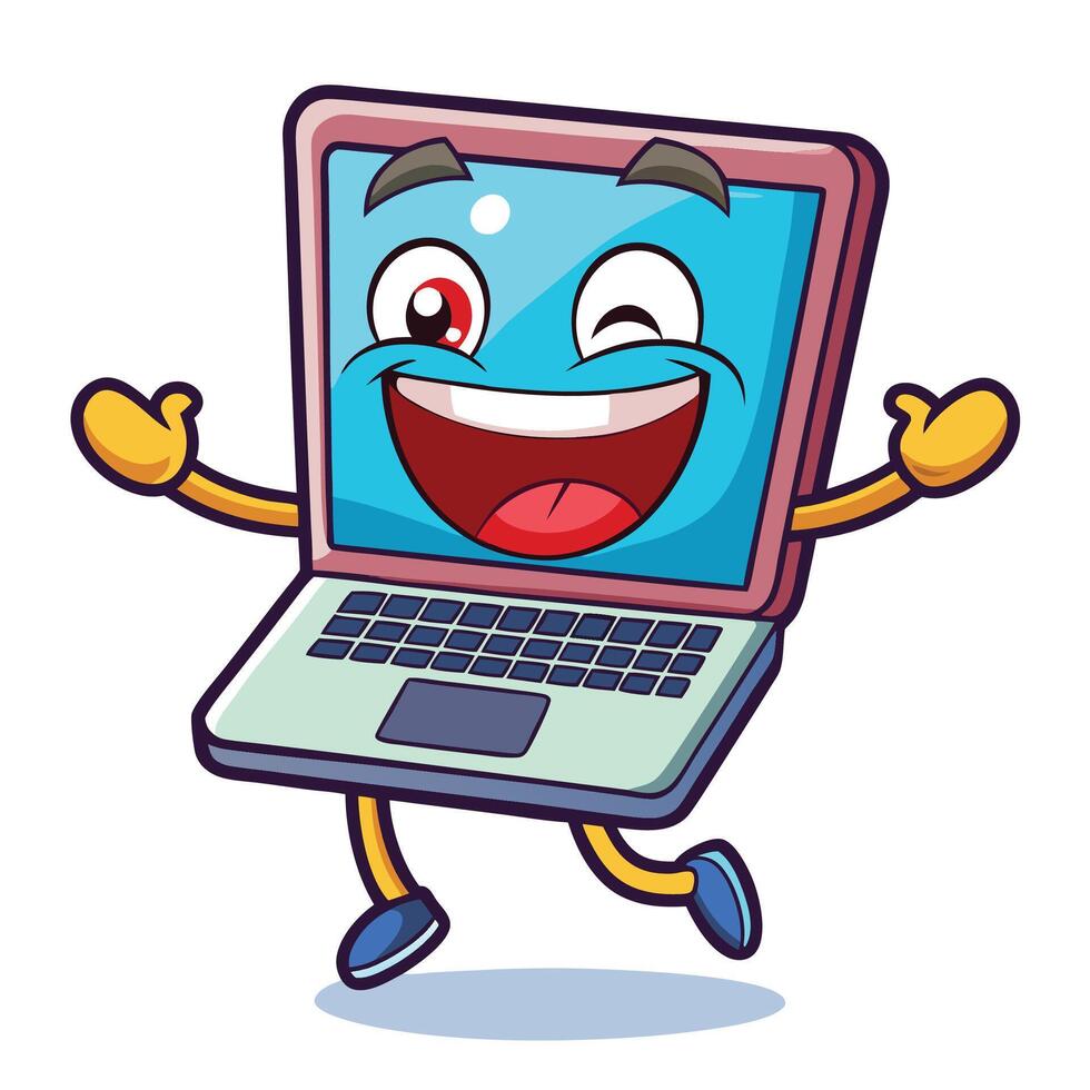 cartoon laptop character running and smiling vector