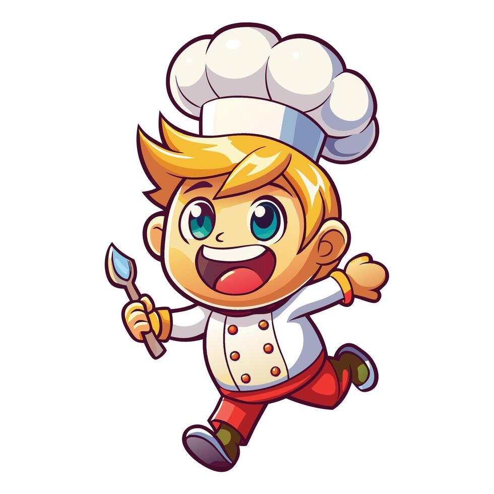 cartoon chef running with a knife and fork vector