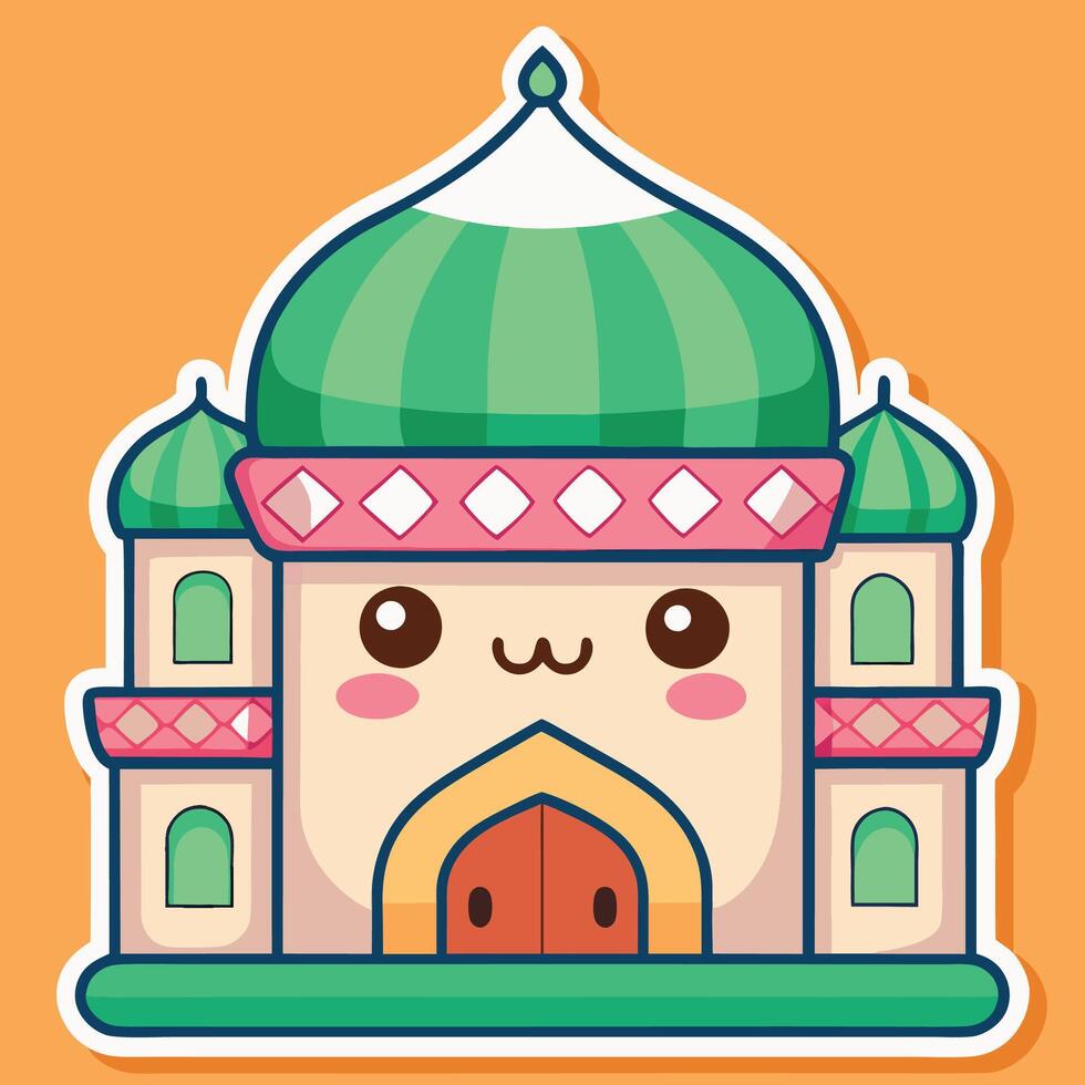 a cartoon mosque with a green roof and a pink door vector