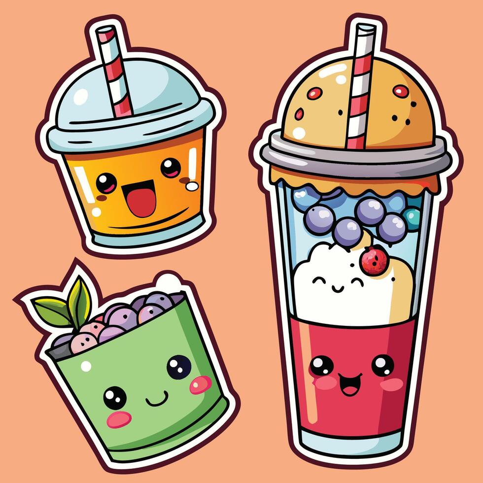 cute smoothie and juice stickers set vector