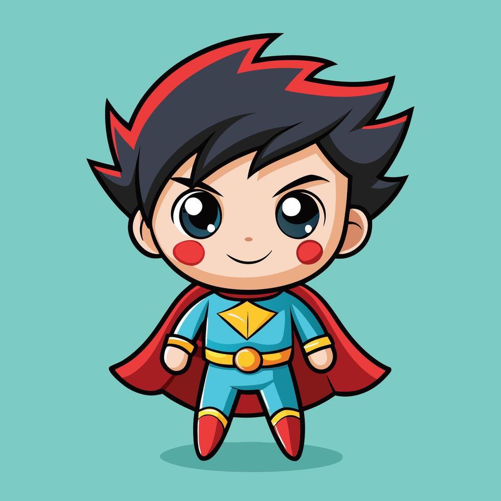 cartoon boy in superhero costume with red cape and blue shirt vector
