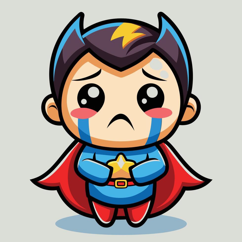 a cartoon boy in a superhero costume with a sad face vector