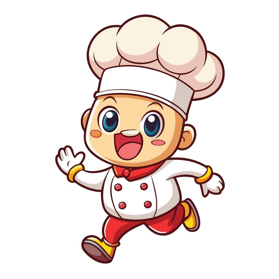 kawai chibi cartoon chef running with a big smile vector