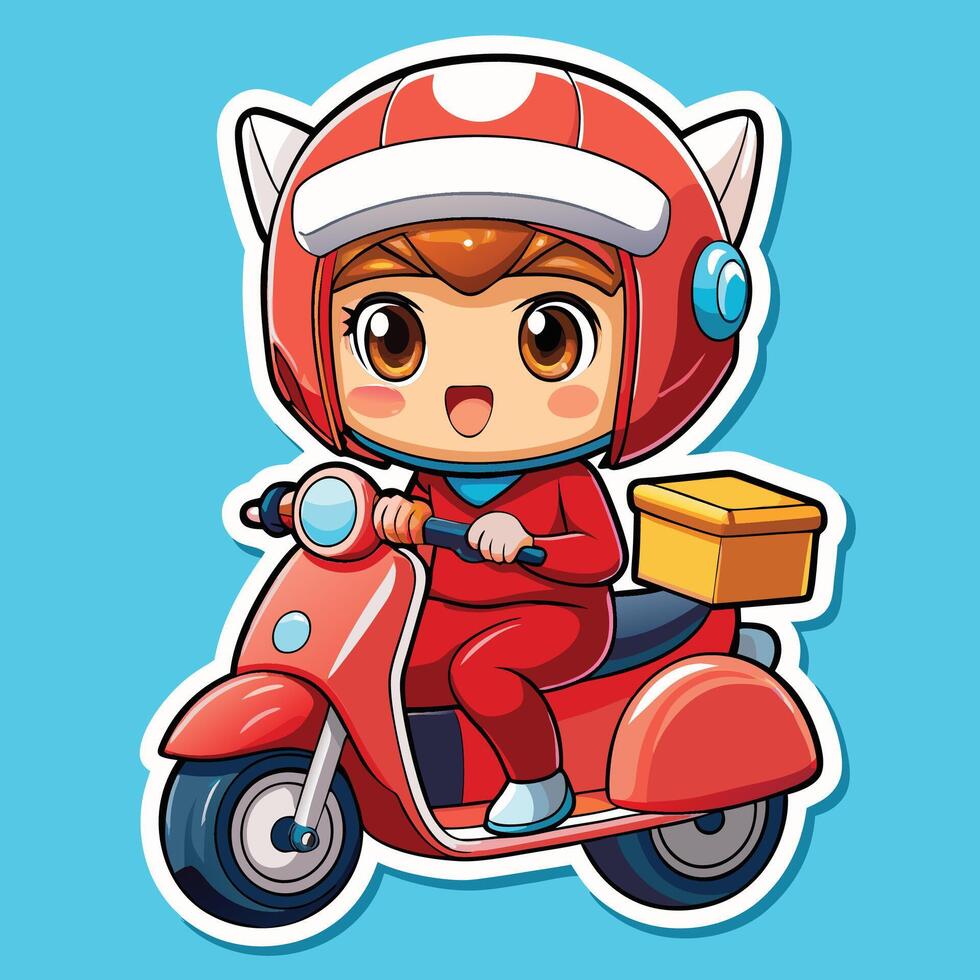 cartoon girl riding a scooter with a box on the back vector