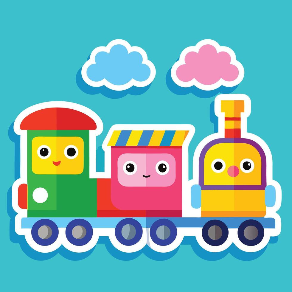 a cartoon train with two faces and clouds vector