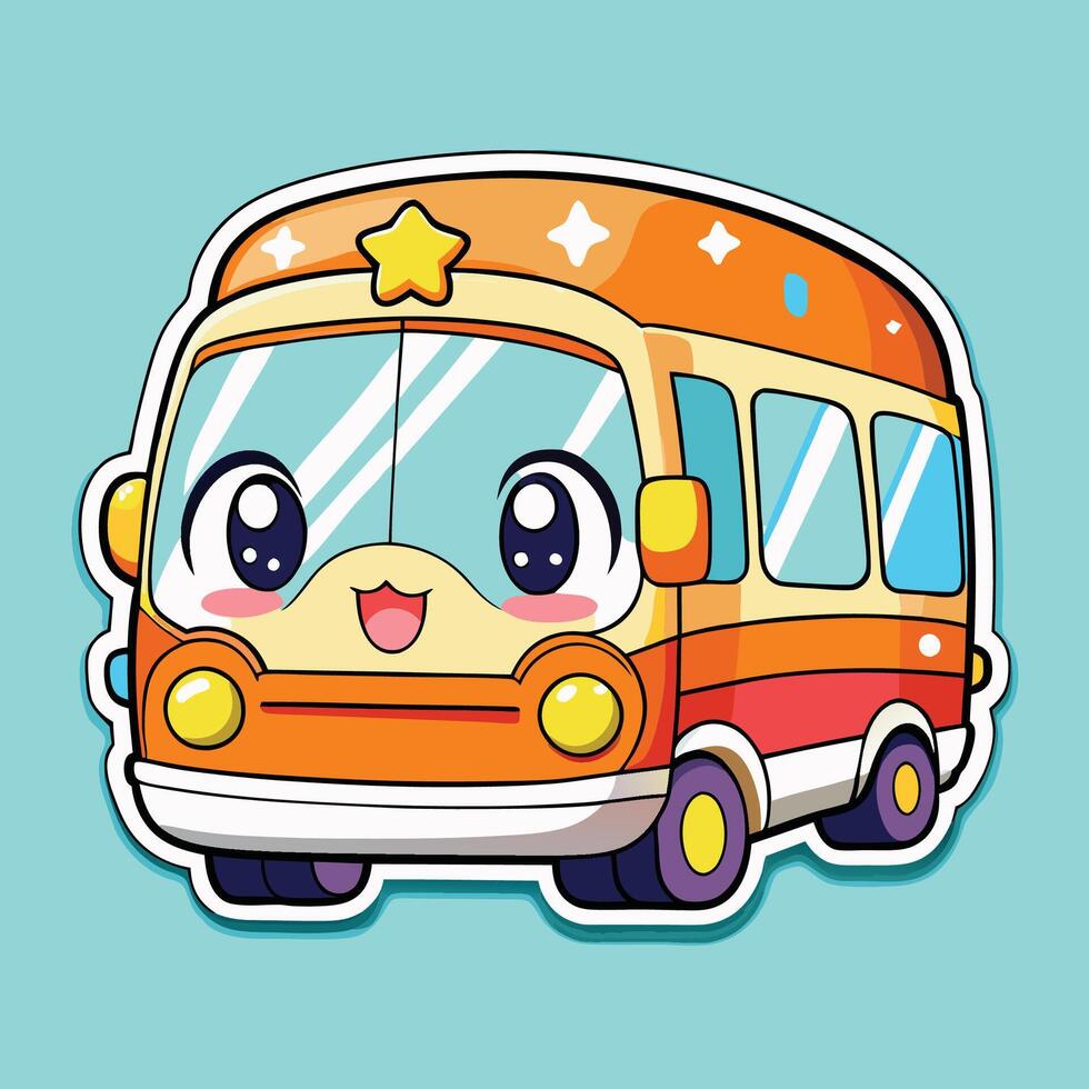 a cartoon bus sticker with eyes and a smile vector