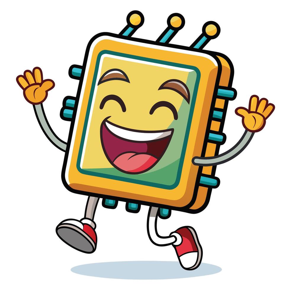 a cartoon computer chip character running and smiling vector