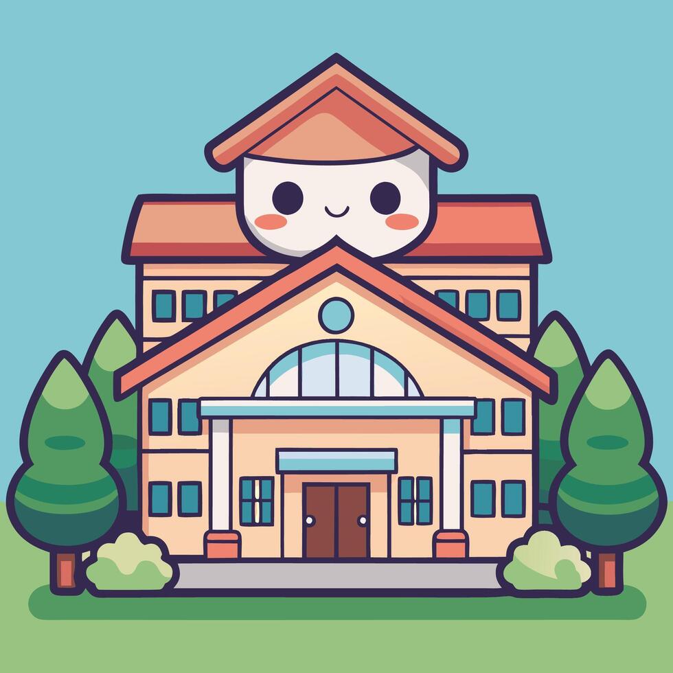 a cartoon building with a kawaii face on top vector