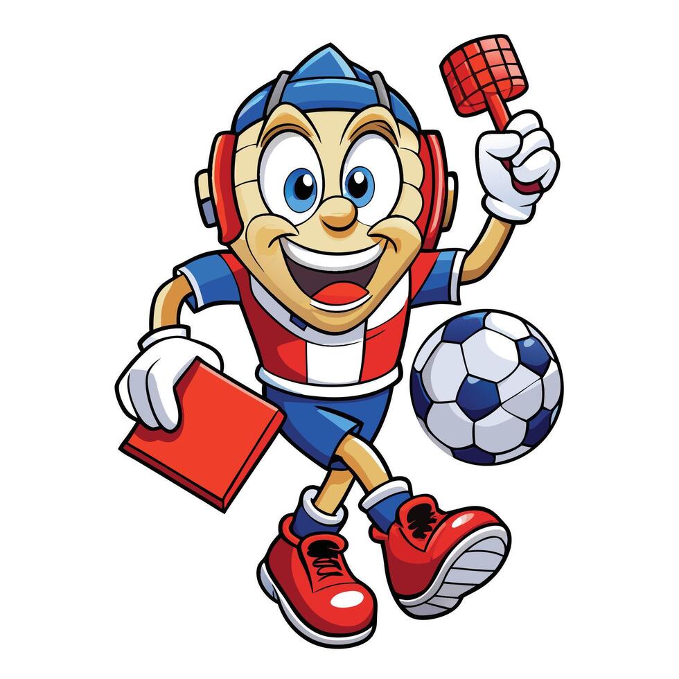 a cartoon soccer player holding a red card and a soccer ball vector