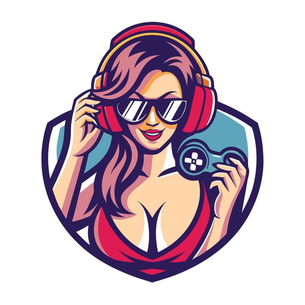 a woman in sunglasses holding a controller vector