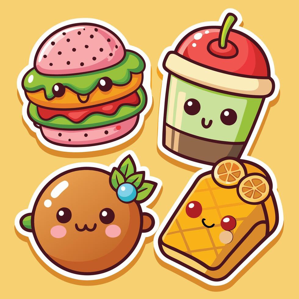 cute food stickers set on yellow background vector