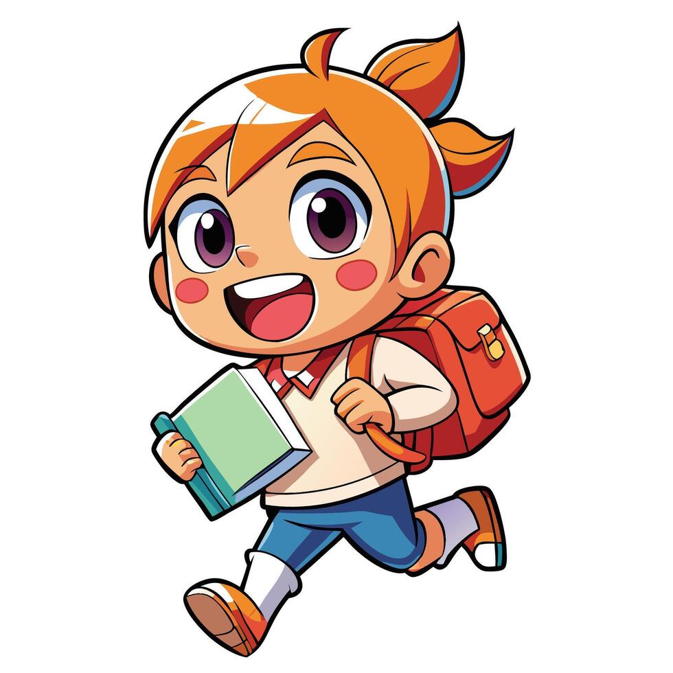 cartoon girl with backpack running and holding a book vector