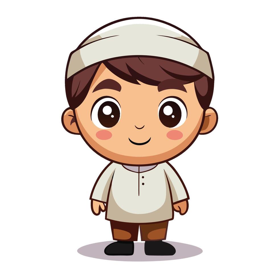 a cartoon boy in a traditional muslim outfit on a white background vector