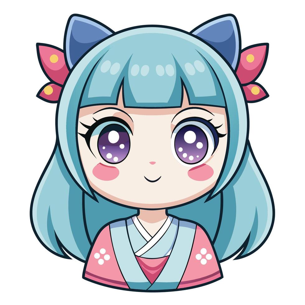 a cartoon character with blue hair and pink eyes on a white background vector