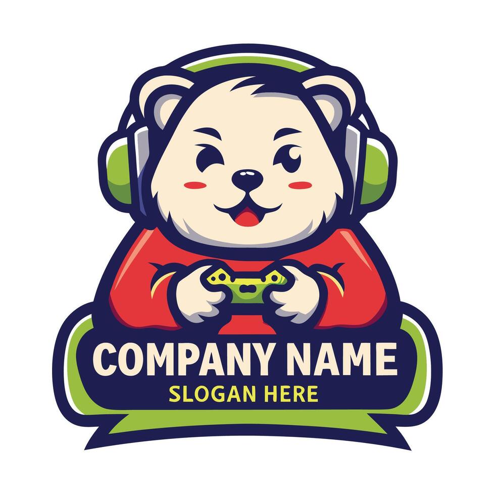 a cartoon bear holding a controller and wearing headphones vector