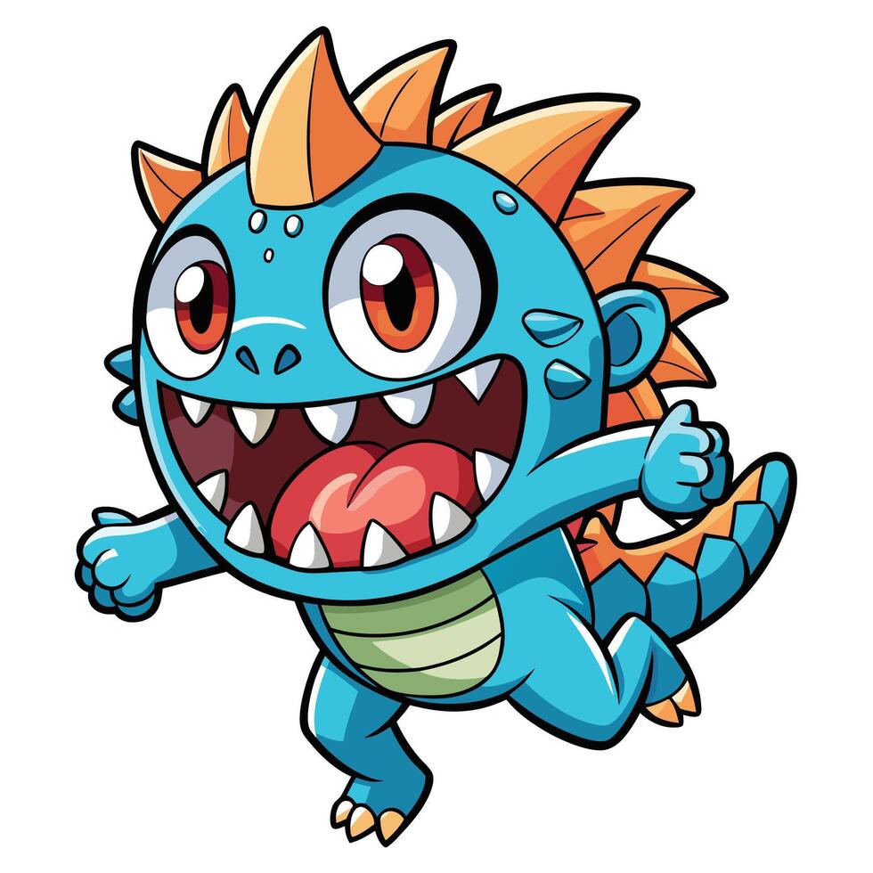cartoon blue dragon running illustration with simple gradients vector