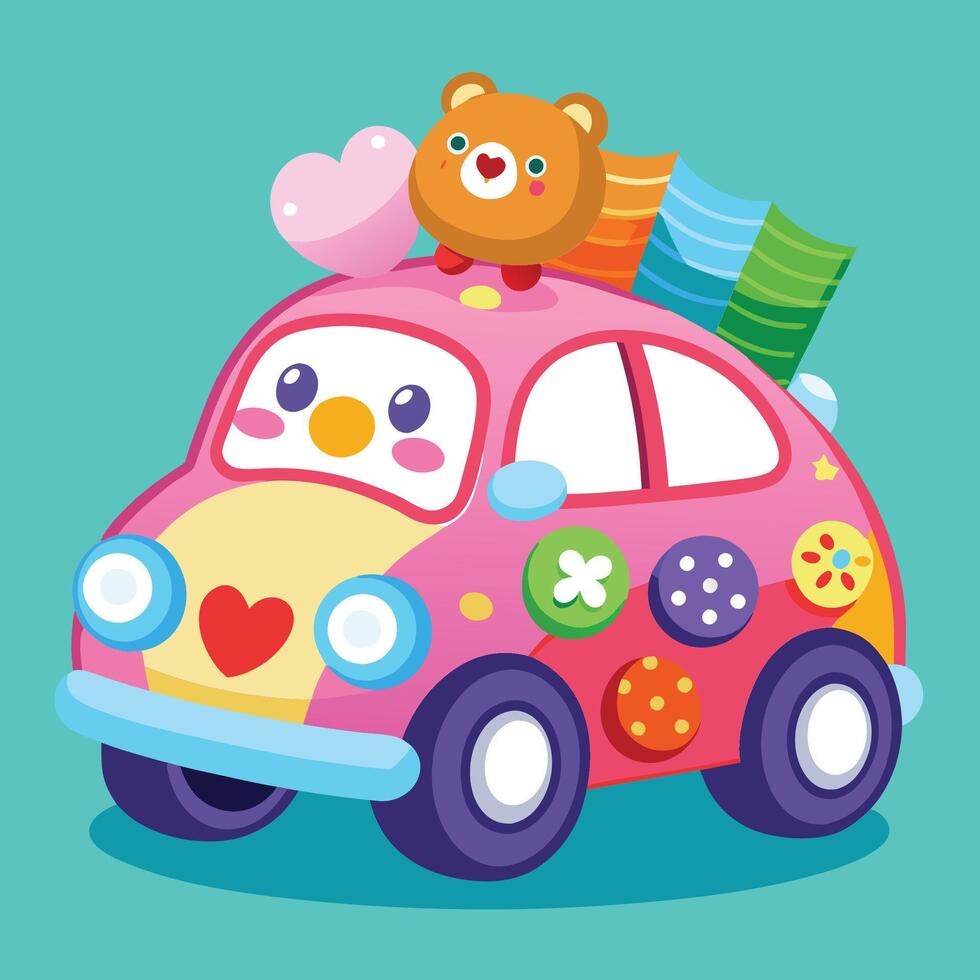 a cute car with a bear and a teddy bear on top vector