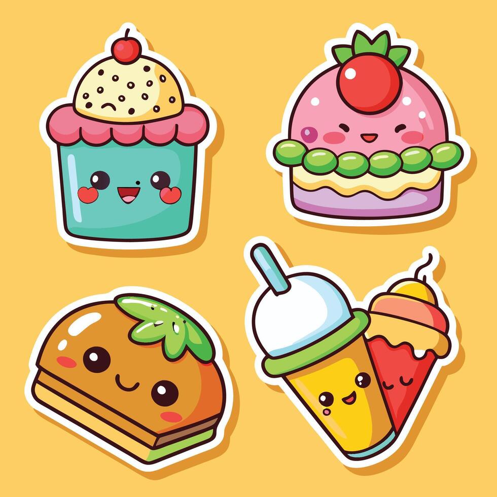 cute food stickers set with hamburger on a white background vector