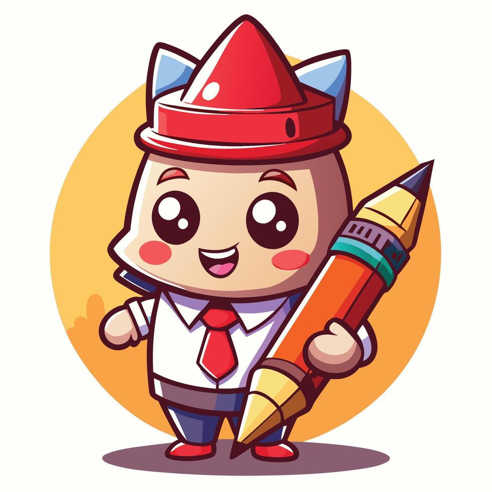 a cartoon character holding a pencil and wearing a hat on a white background vector