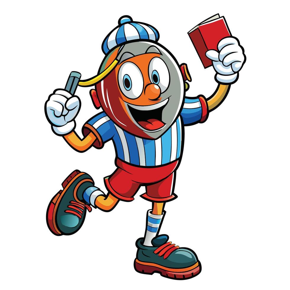 a cartoon soccer player holding a book and a whistle vector