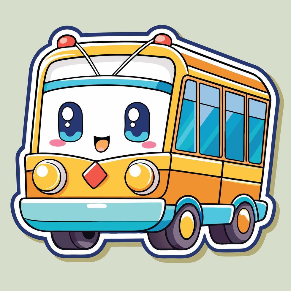 cartoon bus sticker with eyes and smile on a white background vector